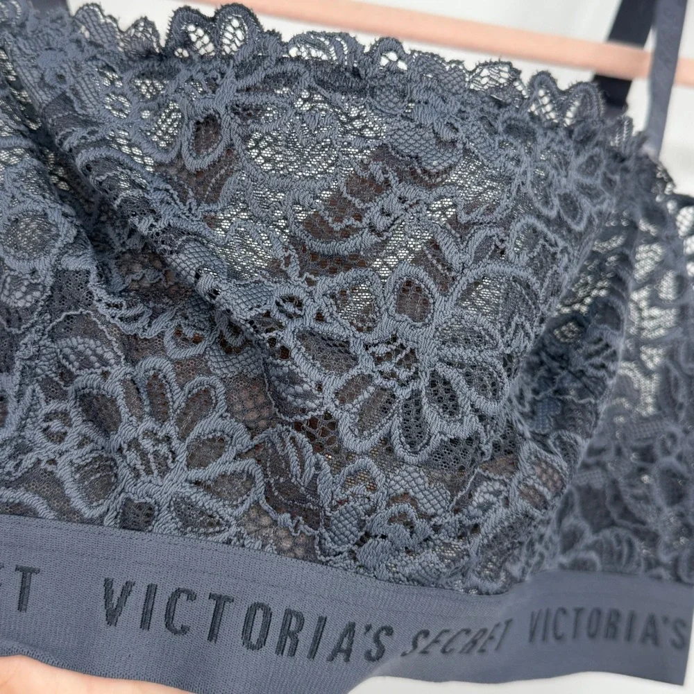 Victorias Secret Logo Band Lace Bralette Dark Grey‎ Floral Scalloped Large L/G